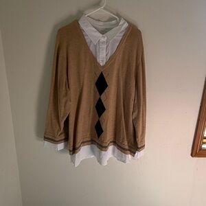 Tommy Hilfiger Tan and Black V-Neck Sweater